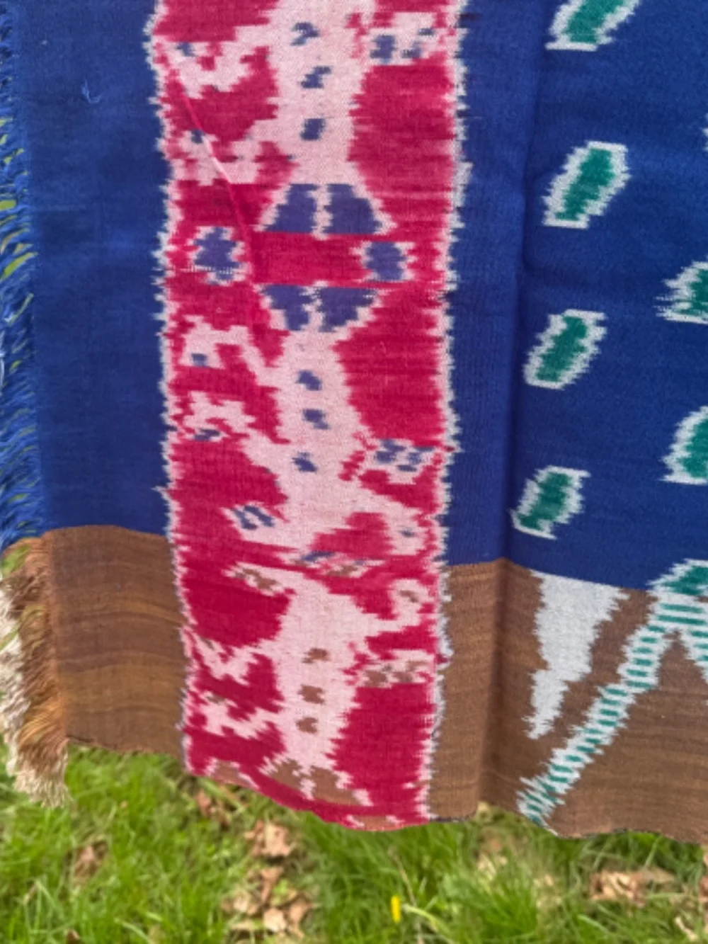 True Ikat Cloth Wrap Throw Blue Green Wall Hanging Medium Weight Weaving 82 X 45